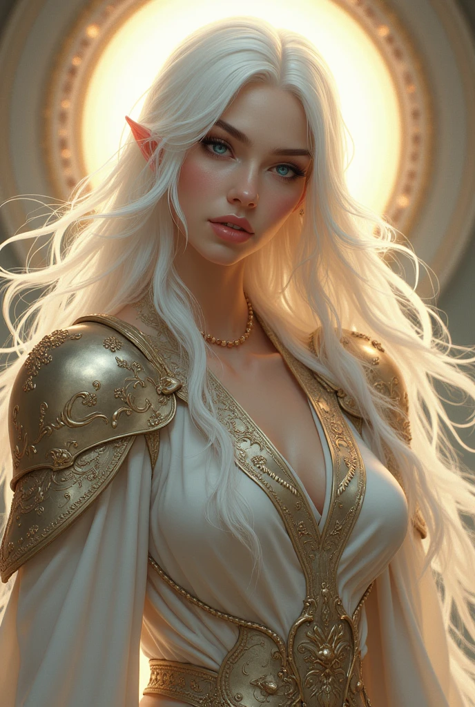 ELVE FEMALE (TOLKIEN) WITH AN HYBRID FACE BETWEEN CLAUDIA SCHIFFER AND GISELE BUNDCHEN , BUST IMAGE STYLE, STUDIO IMAGE STYLE, BLACK INFINITE BACKGROUND, DIFFUSED LIGHTS ON FACE, BACK LIGHTS ON HAIR, LUMINOUS HAIR, CLOSE FACE SHOT, PLATINUM LONG HAIR, HUGE STRAIGHT LONG HAIR, BRAID HAIR STYLE, PLATINUM EYEBROWS, VERY PALE SKIN, LUMINOUS SKIN, FEMALE FAIRY, TOLKIEN MITHOLOGY, EXPOSED TIP EARS, HIGH CHEEKBONES, ROSY CHEEKS, EXPRESSIVE LIGHT GRAY EYES, GORGEOUS LIPS, SOFT LIPSTICK, GORGEOUS CURVY BODY, STRONG BODY, SOFT MUSCLES, VOLUMOUS BREASTS, STRAPLESS CLEAVAGE, WHITE VICTORIAN DRESS, ENIGMATIC FACE EXPRESSION, SIDE FACE VIEW, EYES LOOKING TO THE SIDE, TOLKIEN MITHOLOGY, HIGH QUALITY IMAGE, MASTERPIECE, 8K