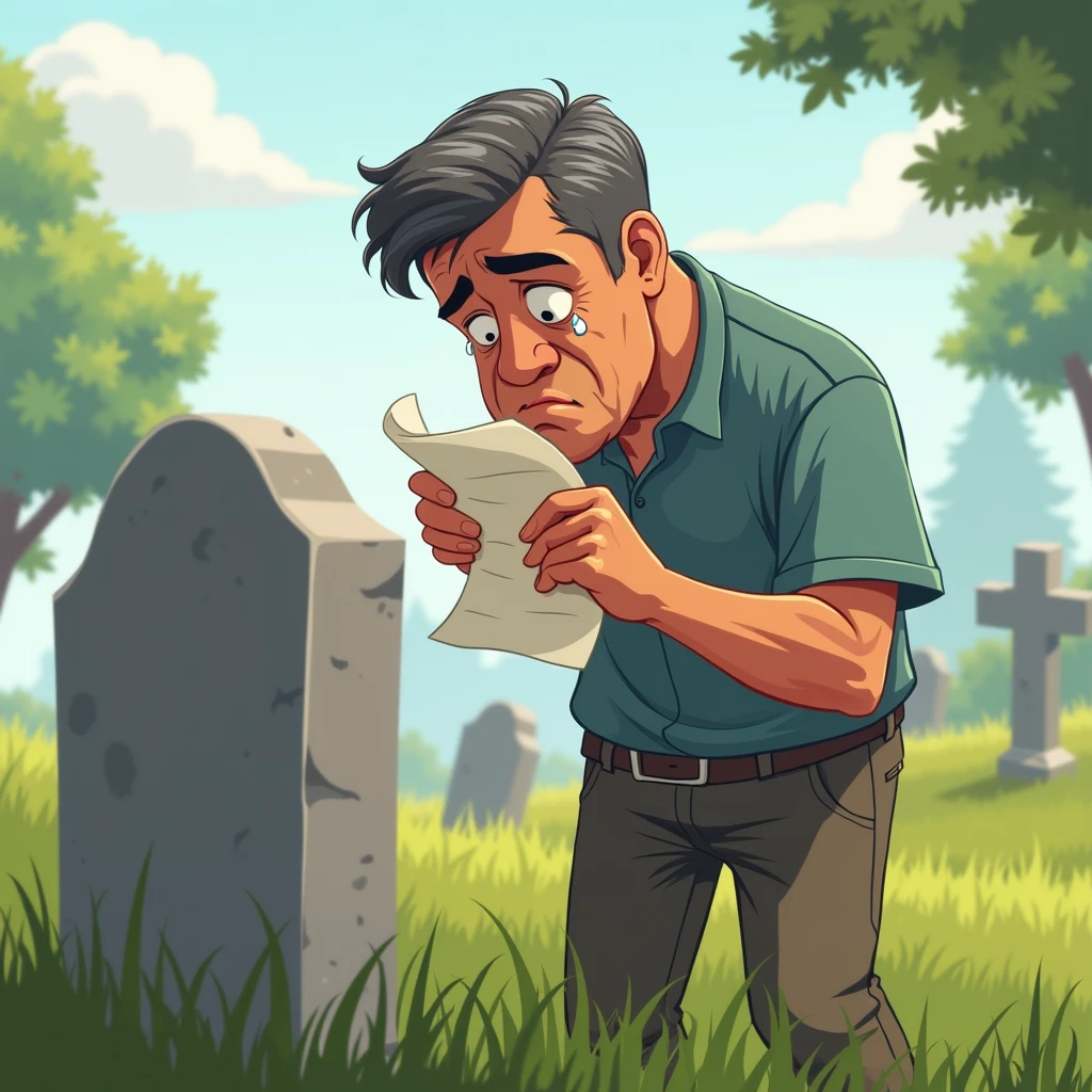 man crying on a grave while holding a paper in his hand cartoon