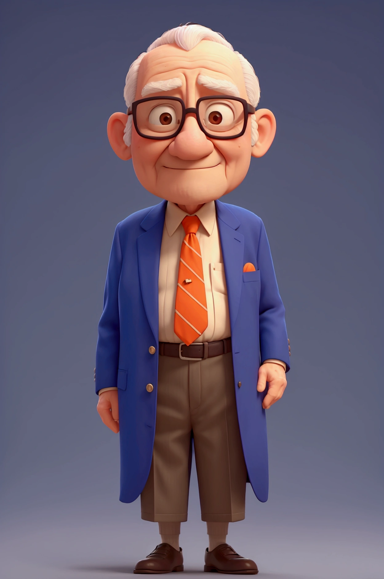 Short elderly gentleman, baldie, with glasses, wearing a blue suit with an orange tie.