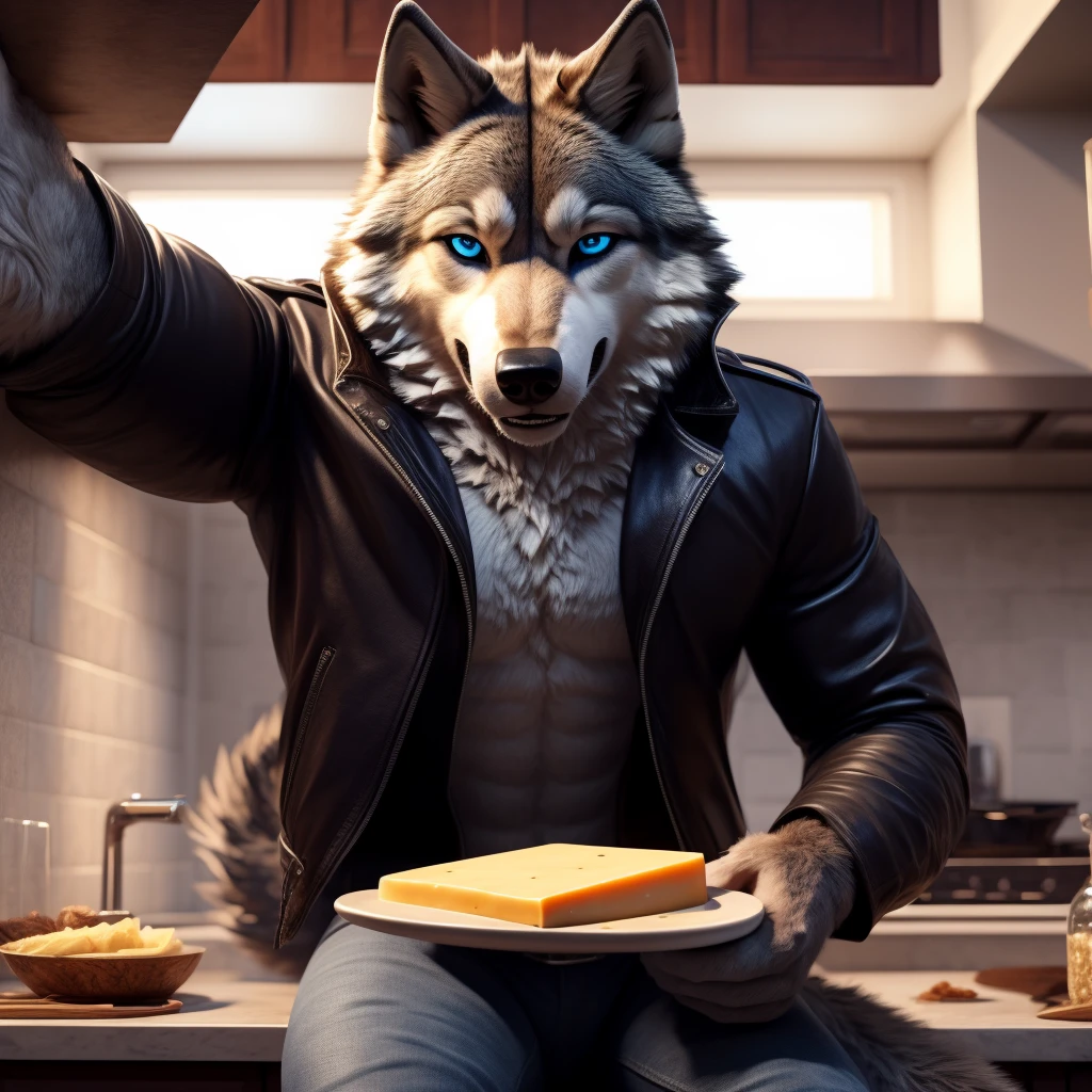 Sexy Posing, 1Male, 30 years old, cute, eyeliner, bedroom eyes, lip biting smile, black leather jacket, anthro, wolf ears, wolf, kitchen background, 8k, hi res, (best quality, masterpiece), (wolf tail:1.5), detailed fur, solo, red collar, blue jeans, blue eyes. dynamic angle, ultra-detailed, realistic, Eating cheese,