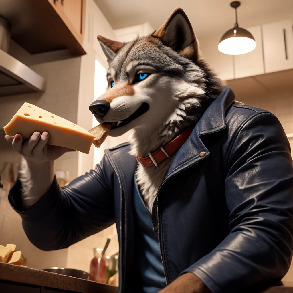 Sexy Posing, 1Male, 30 years old, cute, eyeliner, bedroom eyes, lip biting smile, black leather jacket, anthro, wolf ears, wolf, kitchen background, 8k, hi res, (best quality, masterpiece), (wolf tail:1.5), detailed fur, solo, red collar, blue jeans, blue eyes. dynamic angle, ultra-detailed, realistic, Eating cheese,