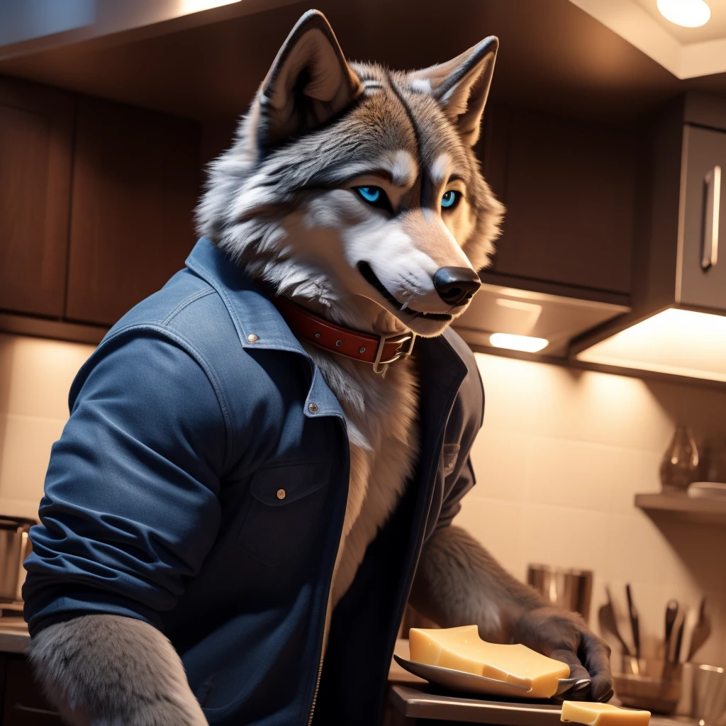 Sexy Posing, 1Male, 30 years old, cute, eyeliner, bedroom eyes, lip biting smile, black leather jacket, anthro, wolf ears, wolf, kitchen background, 8k, hi res, (best quality, masterpiece), (wolf tail:1.5), detailed fur, solo, red collar, blue jeans, blue eyes. dynamic angle, ultra-detailed, realistic, Eating cheese,