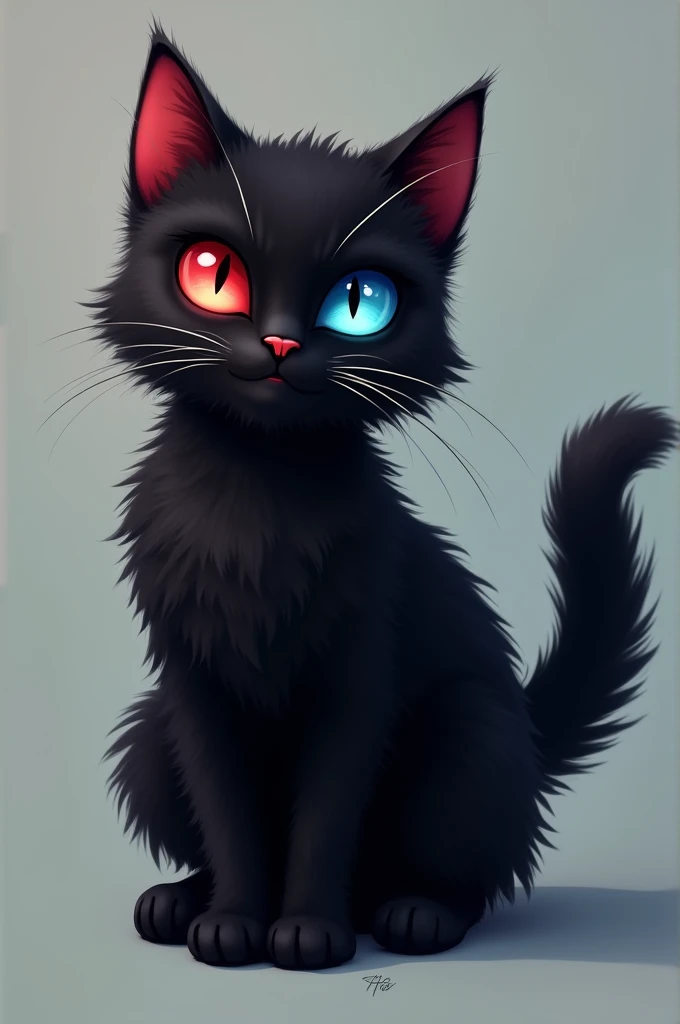 A black cat, red eye, blue eye, fluffy tail, looking mischevious