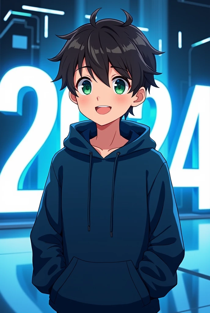 happy anime teen boy with dark blue hoodie,green eyes and dark brown hair with a background that says 2024 in white and blue background

