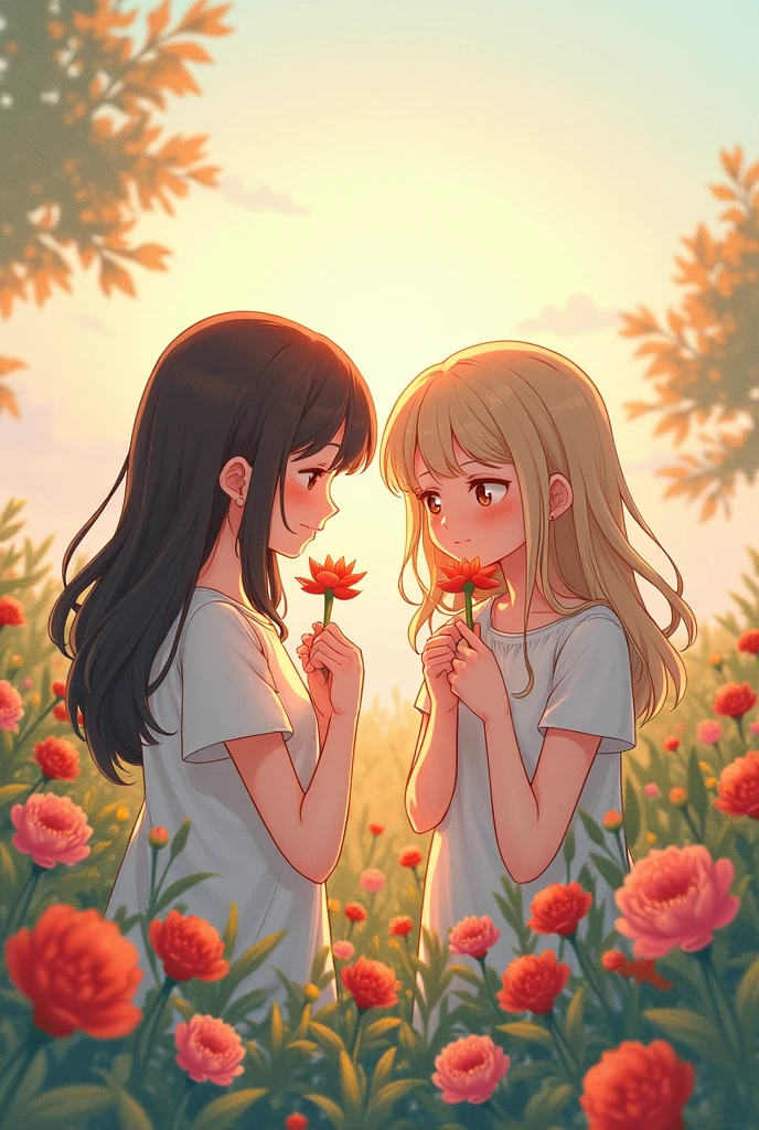 Two-dimensional girls enjoying flowers