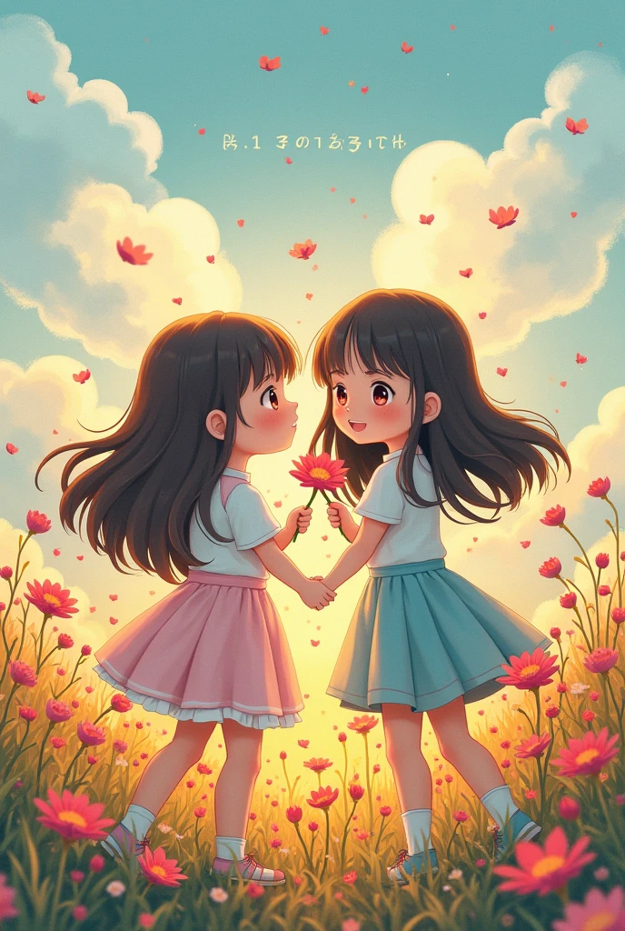 Two-dimensional girls enjoying flowers