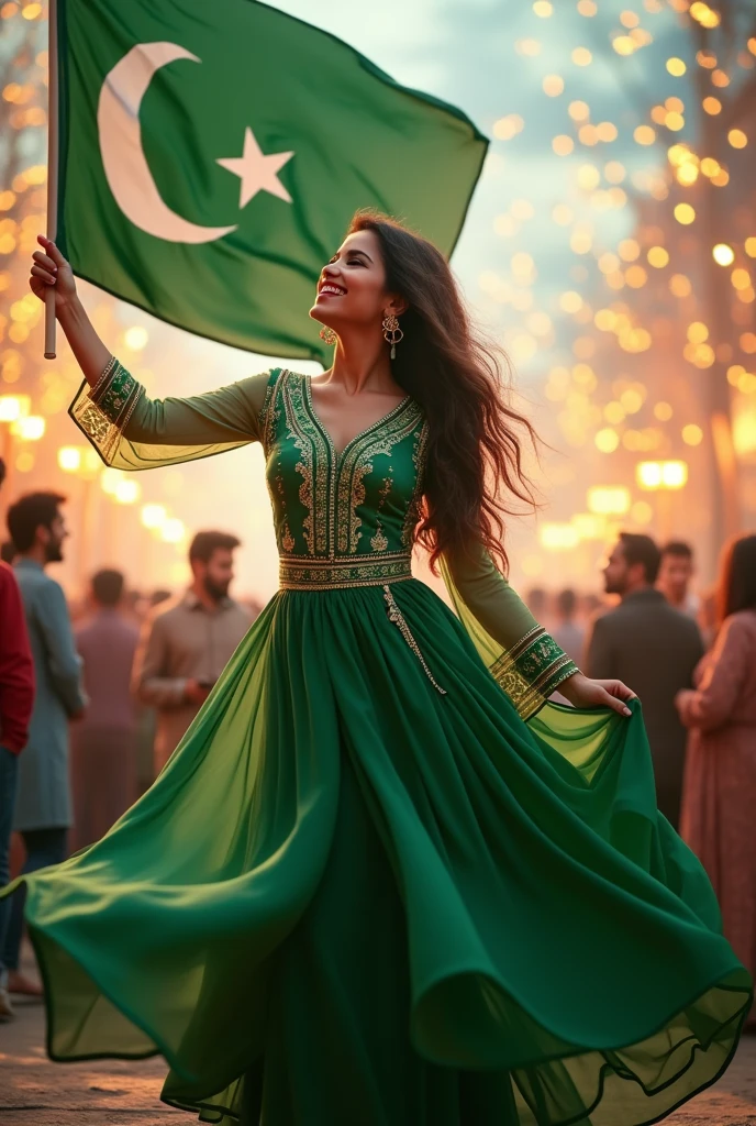 Create a profile picture with animation she's were a drss green and white and in hand Pakistani falg and write a name in dress in front(Shamaim) or background happy independence day 