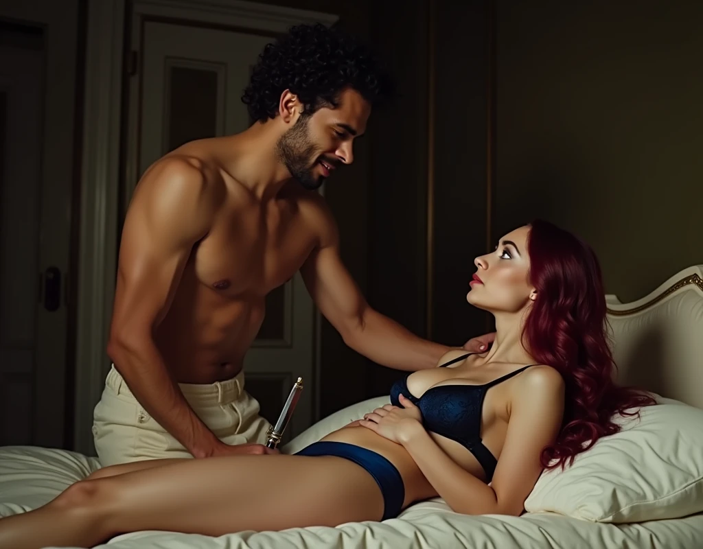 195 cm tall, 28-year-old man, medium length curly side parted hair, clean shaven, French-Nubian features, shirtless, cream pants, gentle closed mouth smile looking down, holding dagger to the shoulder of a 24-year-old far shorter woman with hesitant expression looking at ceiling while laying on bed with vibrant maroon side parted wavy hair and light skin wearing black and blue matching bra and hipsters on an ivory plush bed in a French classical bedroom, dark lighting, photorealistic, cinematic