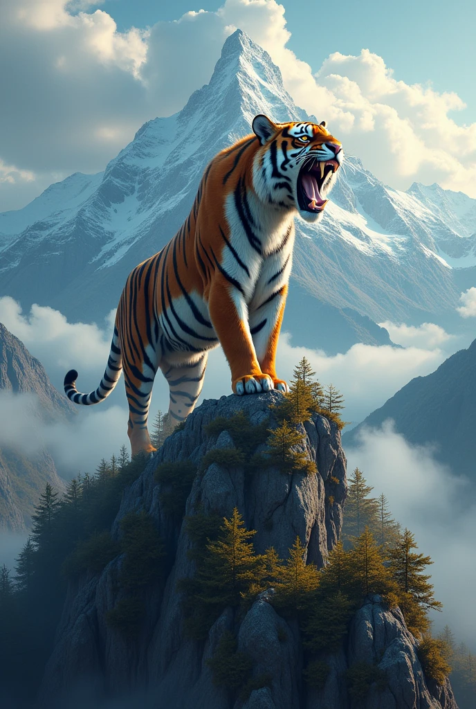 Engry tiger and roar on mountain peak stand,looking forest