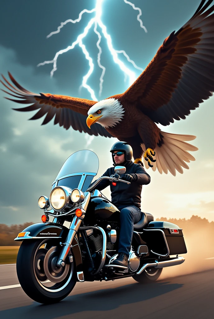 Image of a flying eagle and a harley davidson road king police motorcycle speeding against a lightning bolt background