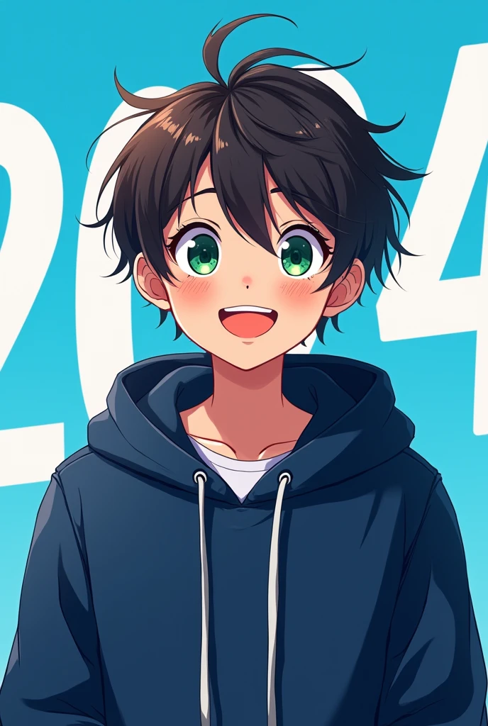happy anime teen boy with dark blue hoodie,green eyes and dark brown hair with a background that says 2024 in white and blue background
