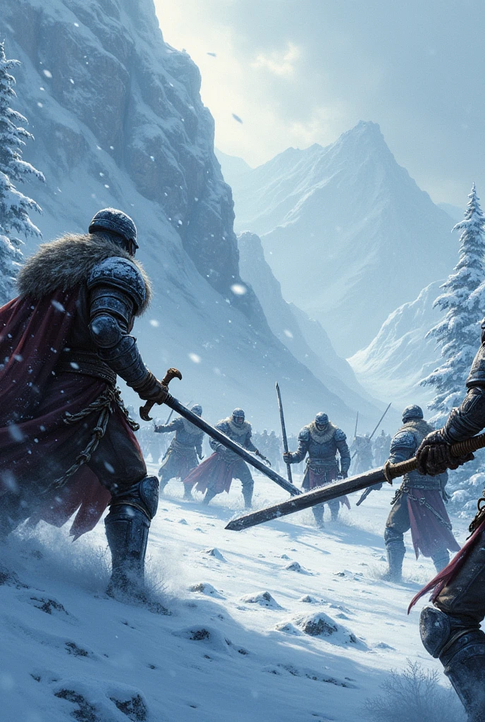 illustration rpg An icy wind blows across a battlefield, bringing with it a dense, biting snowstorm. Huge, glittering snowflakes swirl down, quickly covering the ground and the fighters in a thick layer of ice. The mountains in the background disappear into a blanket of white, while trees and rocks are enveloped by ice crystals that form instantly. The figures in the field struggle to move, their bodies shivering and immobilized by the intense cold, as the blizzard continues to roar with unrelenting fury.