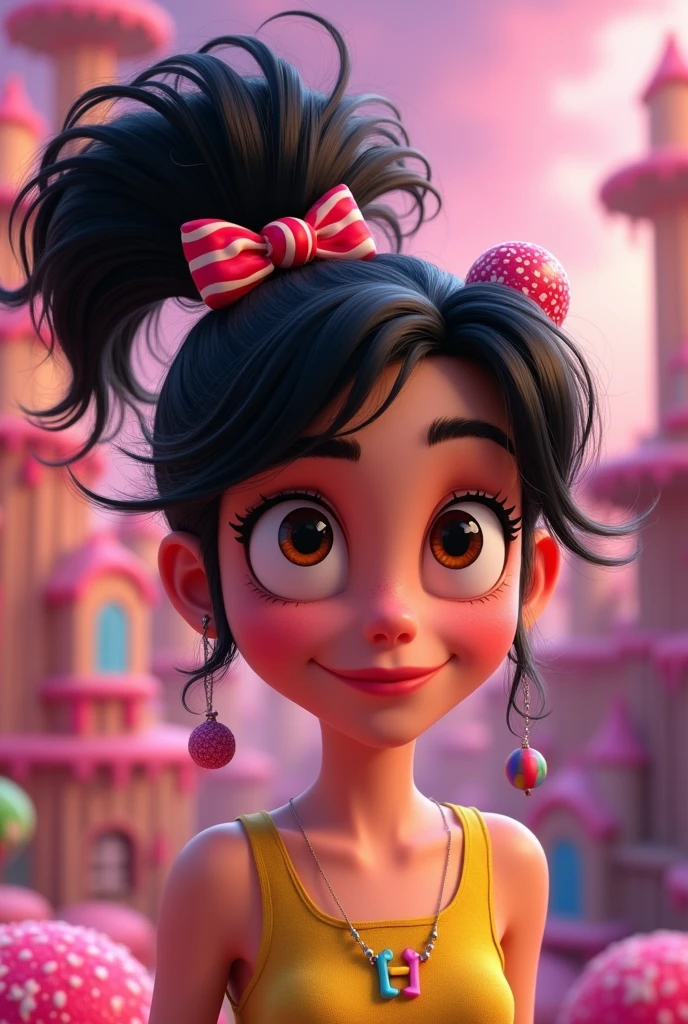 Vanelope from the movie Wreck-It Ralf, pixar style, Black hair tied up with a bun, candy in the hair, , Pink Caramel Paramo.