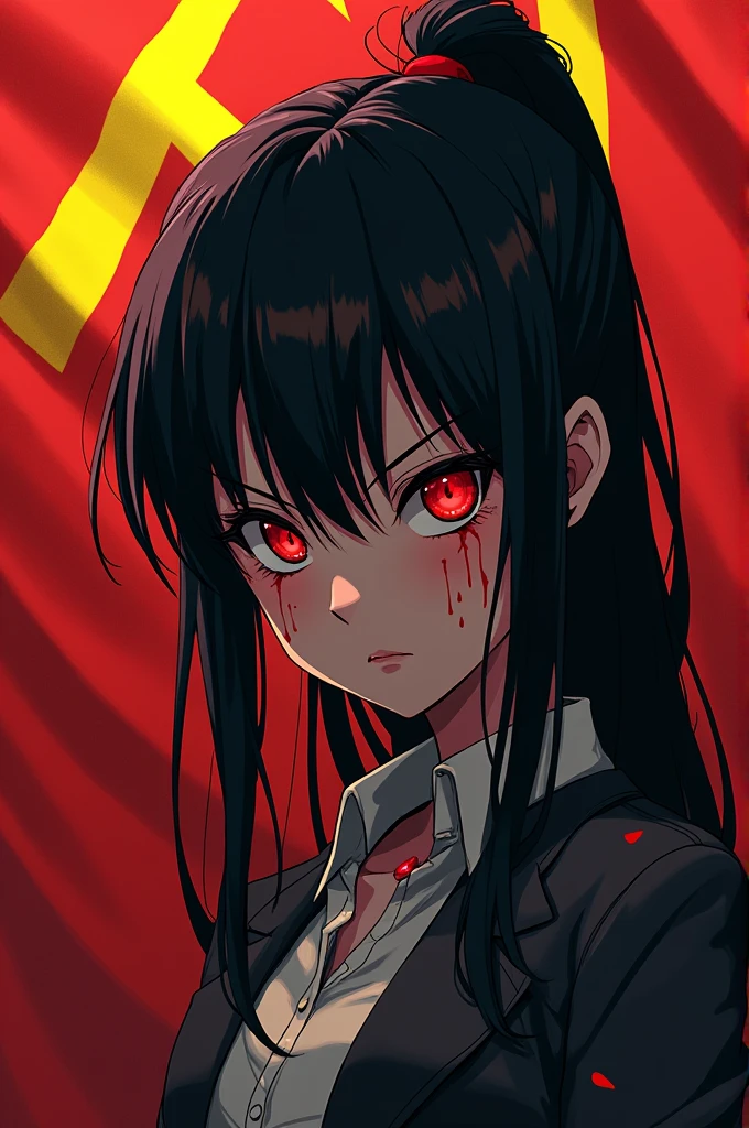Dictator anime girl with hair covering one eye, dirty of blood, red eye, diabolic face with a communist flag in background 2D animation