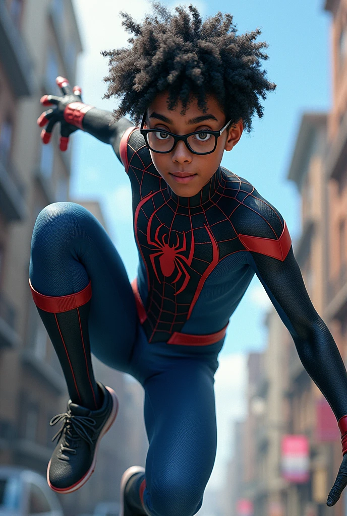 A brown guy with glasses and curly black hair , and with the powers of Spider-Man, blue and black.