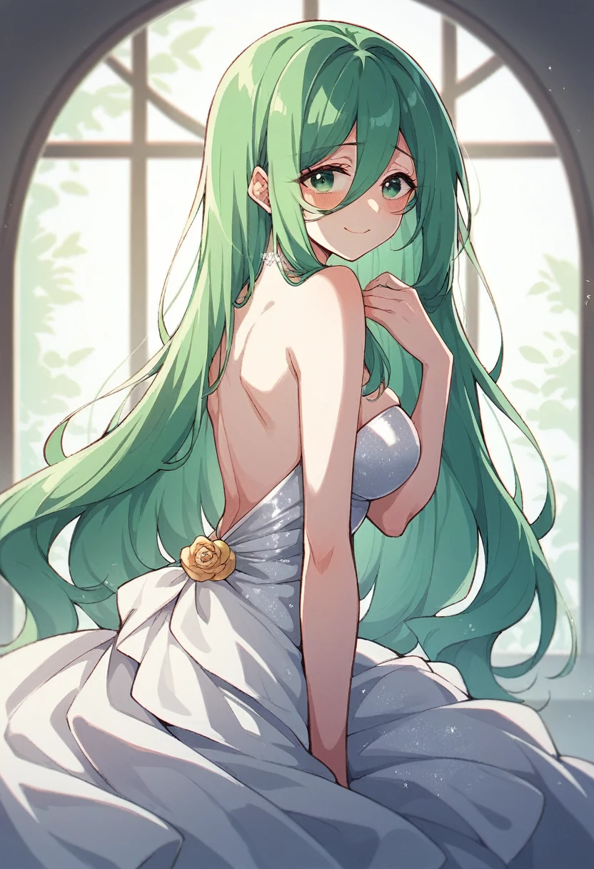 girl. green eyes. White skin. shy. nice smile. evening dress. long hair. Blue to green hair. Akane Kurokawa. 