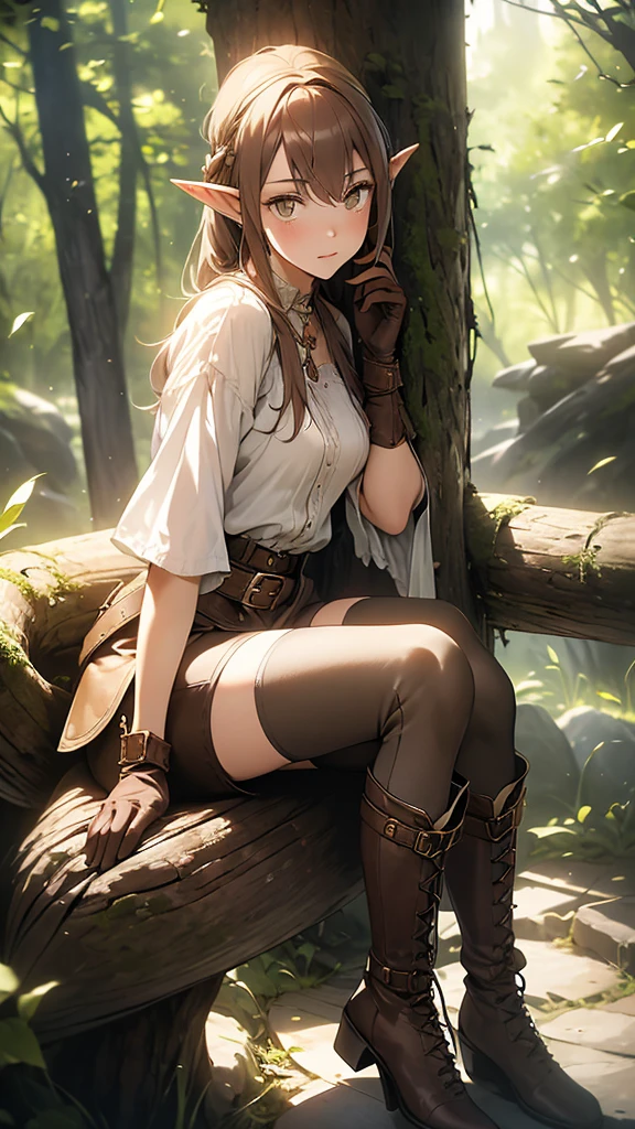 A stunning young elf crouches gracefully on a tree trunk, surveying her surroundings. The scene is captured in ultra-high definition, 8K, with an artistic touch (1.3). She has long, loose brown hair falling down her back, with a simple gray headband adorning her head. Her elven ears peek through her hair, adding to her ethereal beauty. She wears traditional elven attire: a simple white short-sleeved blouse, simple brown leather gloves, medieval-style brown leather shorts, and boots that lace up just below the knee with a buckle. Two belts with buckles accentuate her outfit, adding to the realism of this captivating scene.