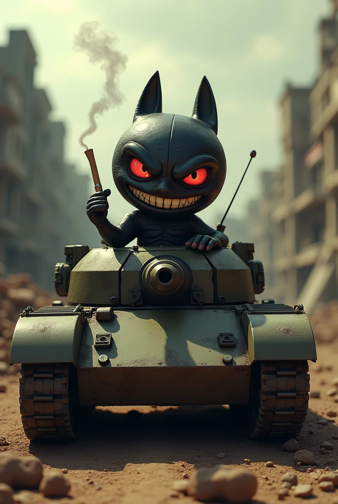 Le personnage Calimero méchant dans un tank en train de fumer une cigarette dans un monde post apocalyptique
