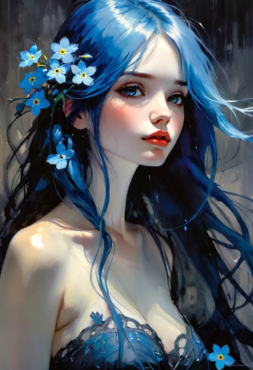 かんざし かんざしさん(((masterpiece))), ((highest quality 16k)), (ephemeral:1.3), ((sexy girl)) ((detailed and delicate)), ((fantastic background)), ((long blue hair)), holding a small blue flower, look down, Forget-me-not, NEON COLOR, LOFI COLOR,eroticism, sexy, black and white image, between shadows, oil painting, chiaroscuro, sensual, dramatic lighting, moody atmosphere, photorealistic, intricate details, masterpiece, ultra-detailed, high quality, 8k, best quality, realistic, cinematic, dark and brooding, expressionistic, ,cute,ultra detailed skin,sketch}}}, , powerful composition, emotional impact, Bill Sienkiewicz inspired art