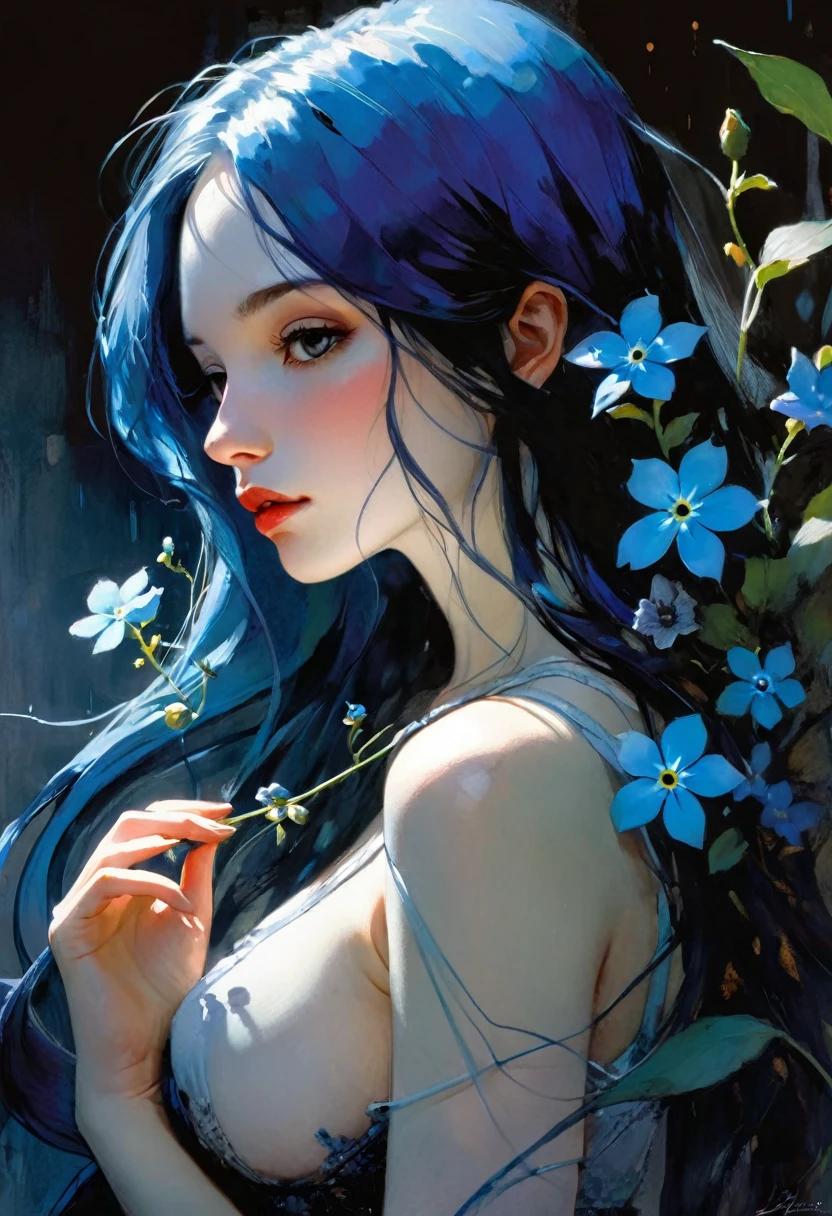 かんざし　かんざしさん(((masterpiece))), ((highest quality 16k)), (ephemeral:1.3), ((sexy girl))  ((detailed and delicate)), ((fantastic background)), ((long blue hair)), holding a small blue flower, look down, Forget-me-not, NEON COLOR, LOFI COLOR,eroticism, sexy, black and white image, between shadows, oil painting, chiaroscuro, sensual, dramatic lighting, moody atmosphere, photorealistic, intricate details, masterpiece, ultra-detailed, high quality, 8k, best quality, realistic, cinematic, dark and brooding, expressionistic, ,cute,ultra detailed skin,sketch}}}, , powerful composition, emotional impact, Bill Sienkiewicz inspired art
