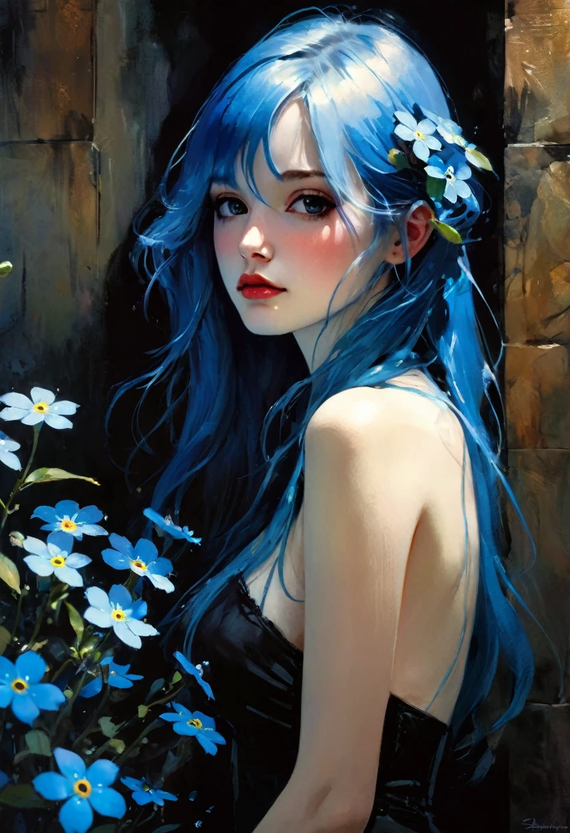 かんざし かんざしさん(((masterpiece))), ((highest quality 16k)), (ephemeral:1.3), ((y girl)) ((detailed and delicate)), ((fantastic background)), ((long blue hair)), holding a small blue flower, look down, Forget-me-not, NEON COLOR, LOFI COLOR,ero sexy, blacnd white image, between shadows, oil painting, chiaroscuro, sensual, dramatic lighting, moody atmosphere, photorealistic, intricate details, masterpiece, ultra-detailed, high quality, 8k, best quality, realistic, cinematic, dark and brooding, expressionistic, ,cute,ultra detailed skin,sketch}}}, , powerful composition, emotional impact, Bill Sienkiewicz inspired art
