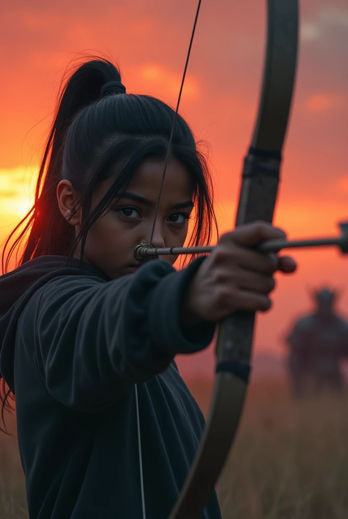 1girl closeup, dark skin, black girl, black eyes, sunset, lofi ambience, black sweatshirt, pointing bow and arrow at monster villain