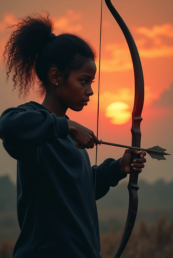 1girl closeup, dark skin, black girl, black eyes, sunset, lofi ambience, black sweatshirt, pointing bow and arrow at monster villain