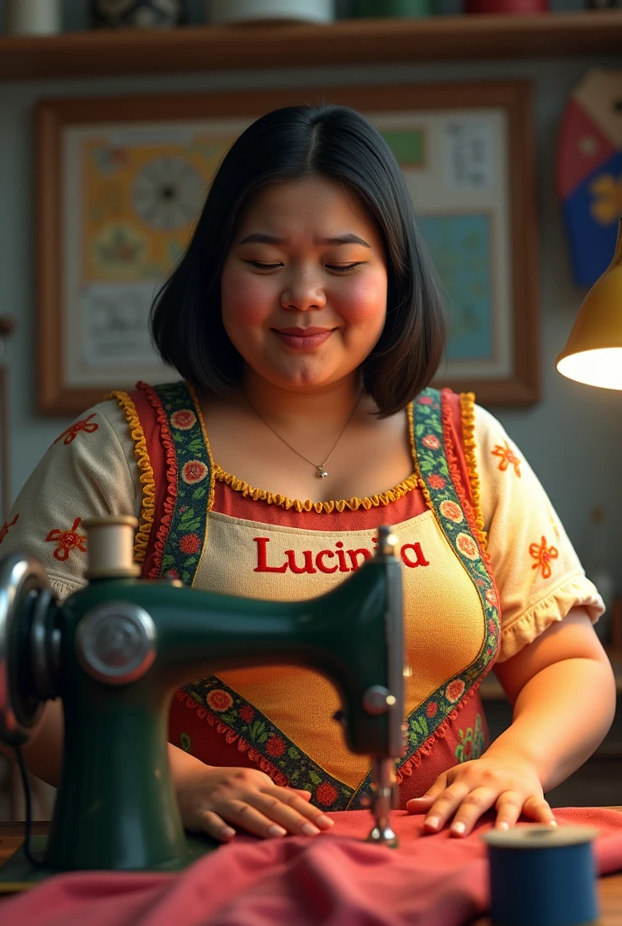 A chubby Brazilian seamstress in the studio named Lucinha Parda with straightened hair Wearing an apron with the name Lucinha