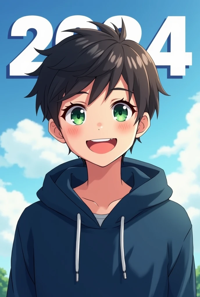 15 year old anime boy happy with dark blue hoodie,green eyes and dark brown hair with a background that says 2024 in white and blue background