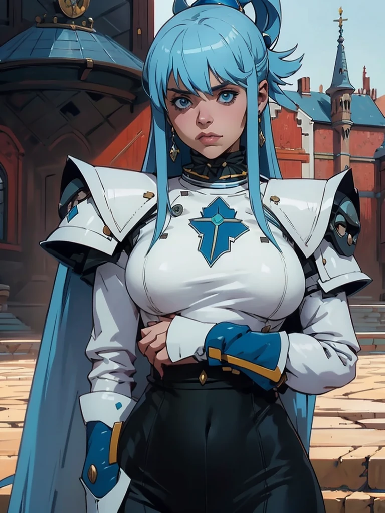 one girl, Aqua Konosuba,dark armor, Castle in the background