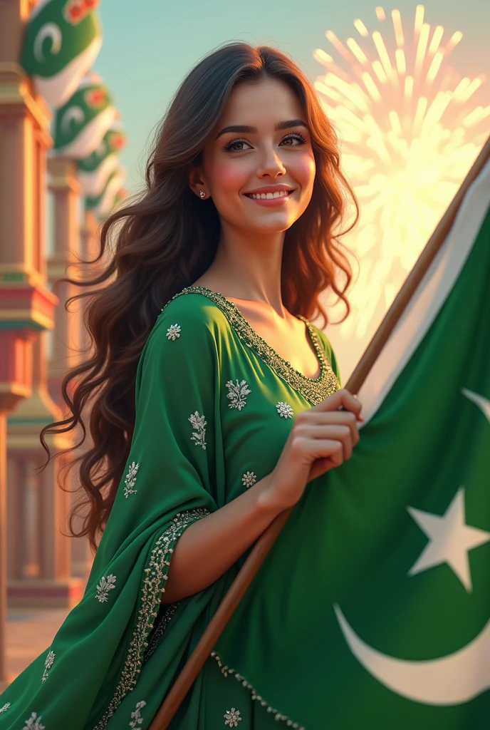 Create a profile picture with animation she's were a drss green and white and in hand Pakistani falg and write tha  name in dress in front  (Shamaim) ..or background happy independence day mazary quaid