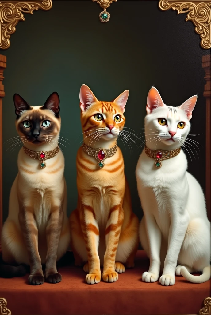 Create 3 cats, the first with Siamese breed colors, the second an orange-yellow cat,  with fainter orange stripes, The third is a white cat with a few faint grey stripes in an old painting in the style of the kings, with king-type decorations