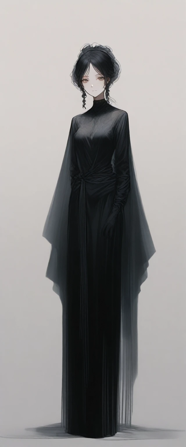 woman, 31 years old, solo, Expressionless, gun in hand, She is elegantly dressed in a long black dress., The hair is tied up in a bun at the top, The dress is very tight, The body line is clearly visible,