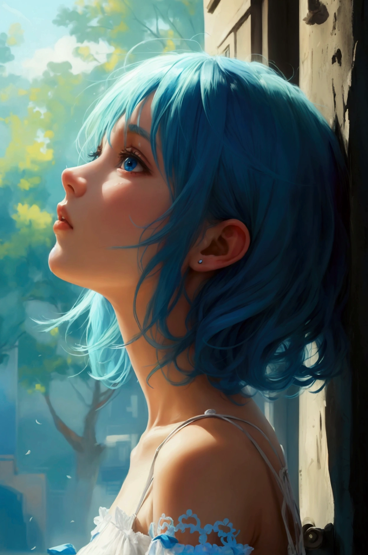 Girl with blue hair looking up at start 