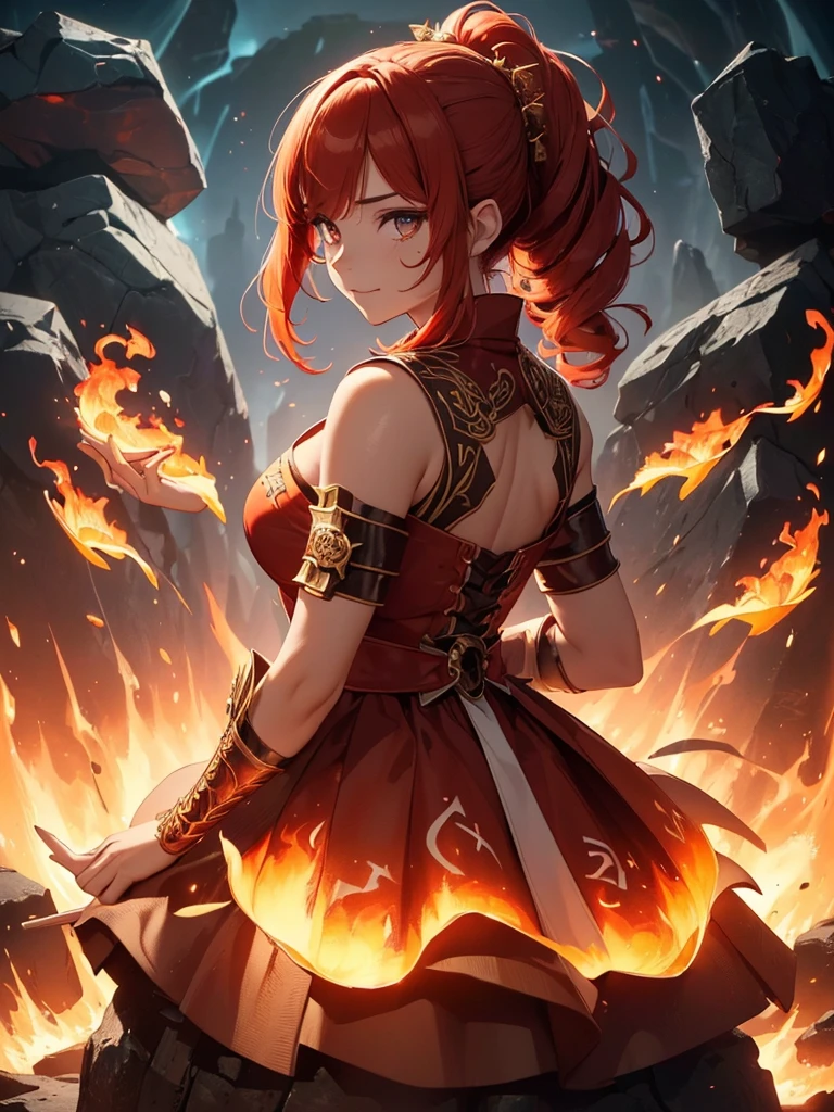 (((best quality, sharp image, clear image, cinematic lighting, 8k resolution, masterpiece, ultra detailed, intricate))) Girl, (((looking over shoulder))), shot from behind, ((half shot)), fire mage, cute, fiery red hair, pigtails in hair, (intricate dress), (white dress), ribbons in hair, smiling, fiery red, ((intricate Portal background)), ((fire magic)), candles, ((glowing runes on skin)), (flame patterns), ((fiery lotus flowers)), busy background., ((fire sigils)), (rock formations), Exploding rock, lavafalls, gauntlets, ((Red rubies)), busy background.