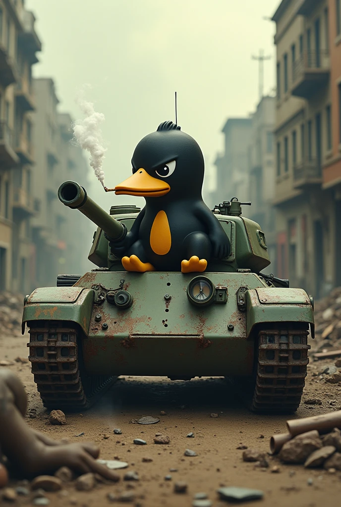 Le personnage Calimero dans sa tenue habituelle avec sa coquille méchant dans un tank en train de fumer une cigarette dans un monde post apocalyptique