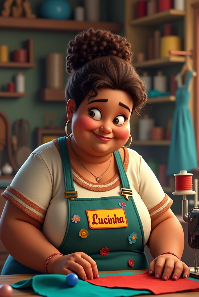 A chubby Brazilian seamstress in the studio named Lucinha brown curly hair tied up With an apron with the name Lucinha