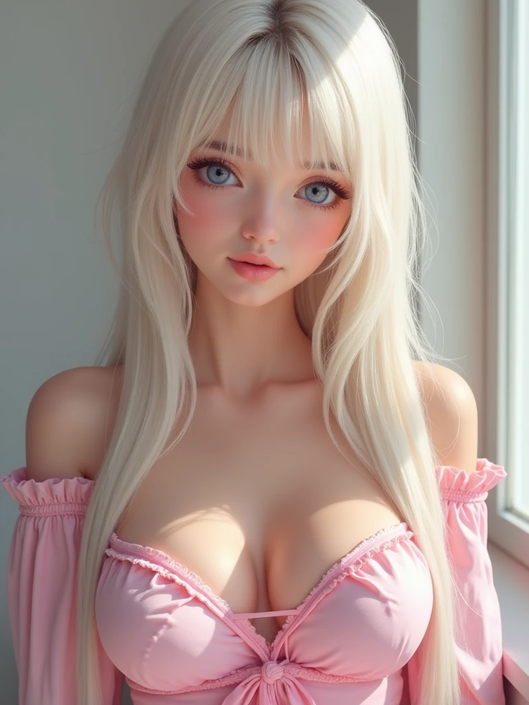 crystal clear big blue eyes、Super long platinum blonde hair、Bangs between the eyes、Smooth ultra silky straight hair、Pink school uniform、shiny young white beautiful skin、Sexy and very beautiful good looks、Beautiful and cute face、very beautiful 1、Large breasts