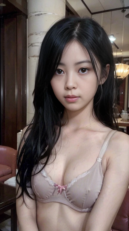 (((young girl１people))),(((beautiful black hair:With bangushroom hair))),((real people々image)),(realistic),((highest quality)),(muste piece),(highest quality),((Highest image quality)),((highest resolution)),((fine details)),((embarrassed look:blush)),((looking at the camera)),beautiful detailed nose,(((wear a pink bra:precise depiction))),(((Small and perky breasts))),((())),((beautiful white skin)),(precise arms),(((Accurate and beautiful upper body))),(((Photographed mainly on the face and chest))),((indoor:luxury hotel:detailed background)),