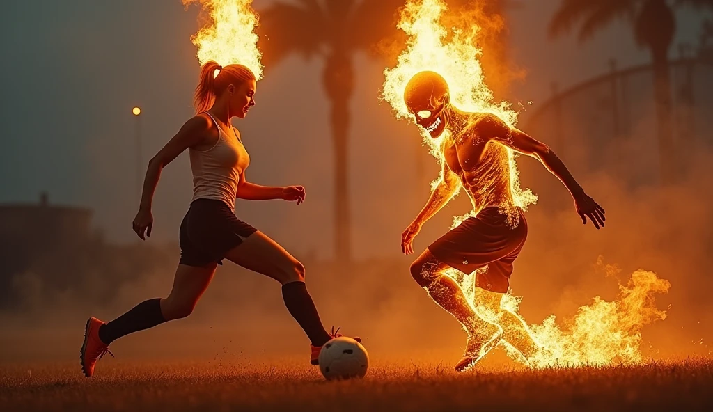 A short skull on fire playing soccer with a ???? woman. His head is on fire.