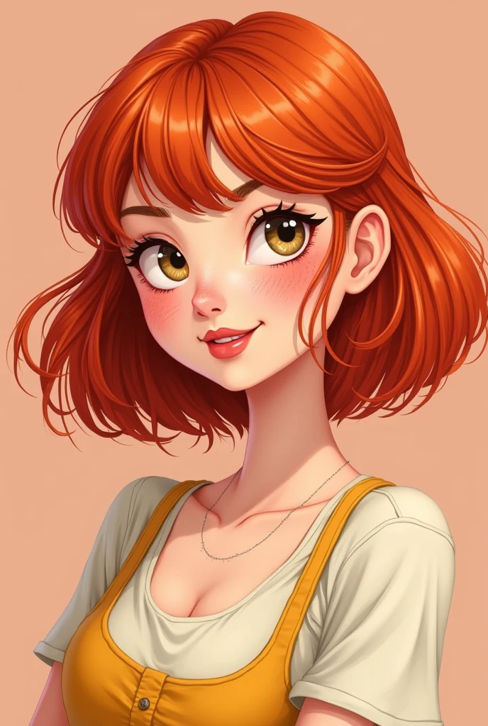 red-haired woman, with short hair above the shoulder and bangs on the forehead, with freckles , 2D style