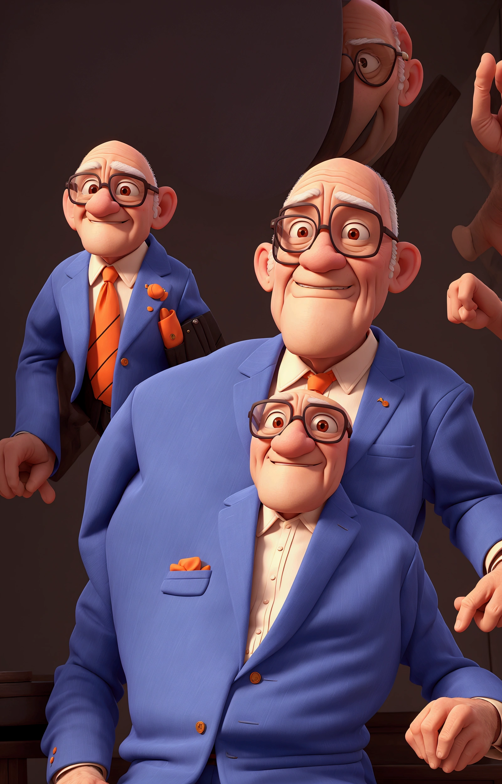 bald elderly man wearing glasses wearing a blue suit and orange tie.