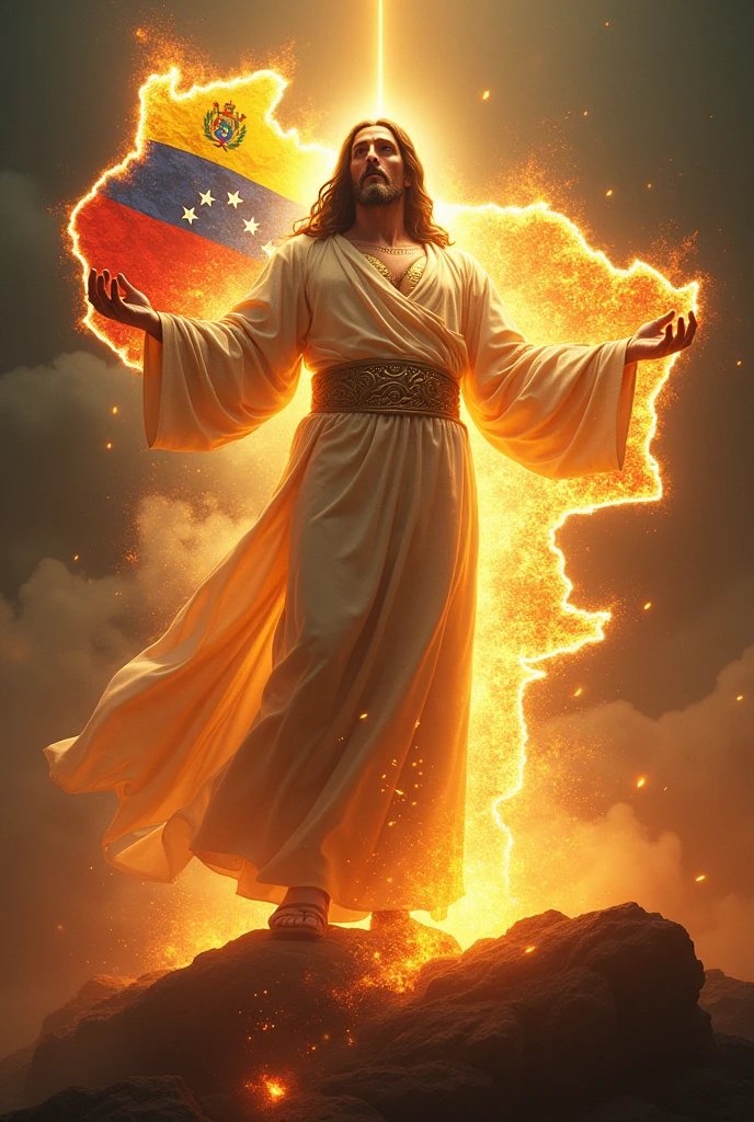 Jesus warrior in power, light and fire load map of Venezuela and flag of Venezuela 