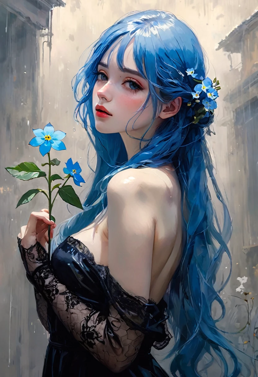 かんざし かんざしさん(((masterpiece))), ((highest quality 16k)), (ephemeral:1.3), ((sexy girl)) ((sexy lace dress,)) ((detailed and delicate)), ((fantastic background)), ((long blue hair)), holding a small blue flower, look down, Forget-me-not, NEON COLOR, LOFI COLOR,eroticism, sexy, black and white image, between shadows, oil painting, chiaroscuro, sensual, dramatic lighting, moody atmosphere, photorealistic, intricate details, masterpiece, ultra-detailed, high quality, 8k, best quality, realistic, cinematic, dark and brooding, expressionistic,{pussy,spread her pussy,cum,cum on pussy,masterbation,straddling,},, powerful composition, emotional impact, Bill Sienkiewicz inspired art