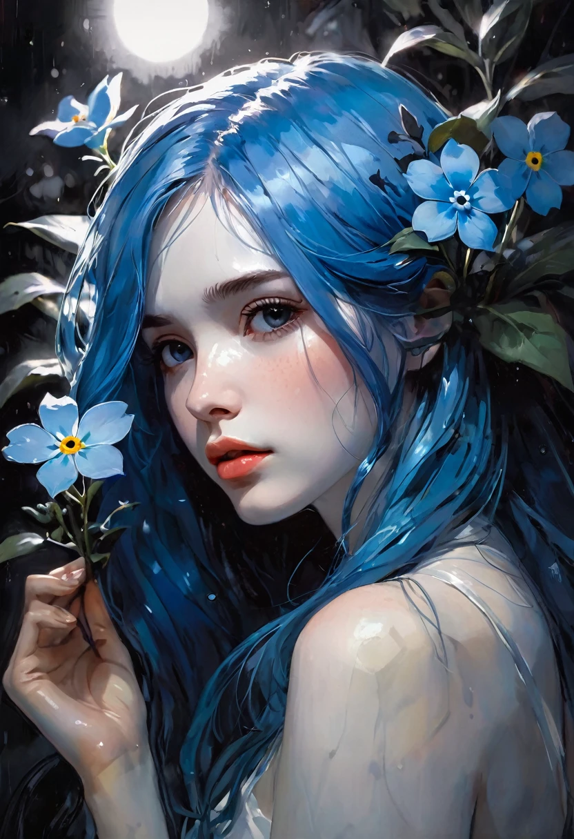かんざし かんざしさん(((masterpiece))), ((highest quality 16k)), (ephemeral:1.3), ((sexy girl)) ((detailed and delicate)), ((fantastic background)), ((long blue hair)), holding a small blue flower, look down, Forget-me-not, NEON COLOR, LOFI COLOR,eroticism, sexy, black and white image, between shadows, oil painting, chiaroscuro, sensual, dramatic lighting, moody atmosphere, photorealistic, intricate details, masterpiece, ultra-detailed, high quality, 8k, best quality, realistic, cinematic, dark and brooding, expressionistic, ,cute,ultra detailed skin,sketch}}}, , powerful composition, emotional impact, Bill Sienkiewicz inspired art