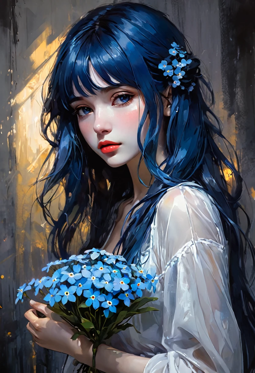 かんざし かんざしさん(((masterpiece))), ((highest quality 16k)), (ephemeral:1.3), ((sexy girl)) ((detailed and delicate)), ((fantastic background)), ((long blue hair)), holding a small blue flower, look down, Forget-me-not, NEON COLOR, LOFI COLOR,eroticism, sexy, black and white image, between shadows, oil painting, chiaroscuro, sensual, dramatic lighting, moody atmosphere, photorealistic, intricate details, masterpiece, ultra-detailed, high quality, 8k, best quality, realistic, cinematic, dark and brooding, expressionistic, ,cute,ultra detailed skin,sketch}}}, , powerful composition, emotional impact, Bill Sienkiewicz inspired art