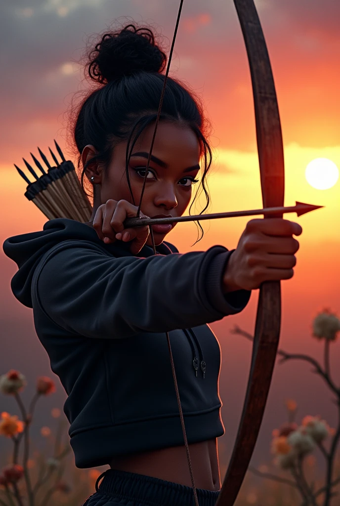1girl closeup, 19 ans, dark skin, black girl, black eyes, sunset, lofi ambience, black sweatshirt, pointing bow and arrow at monster villain