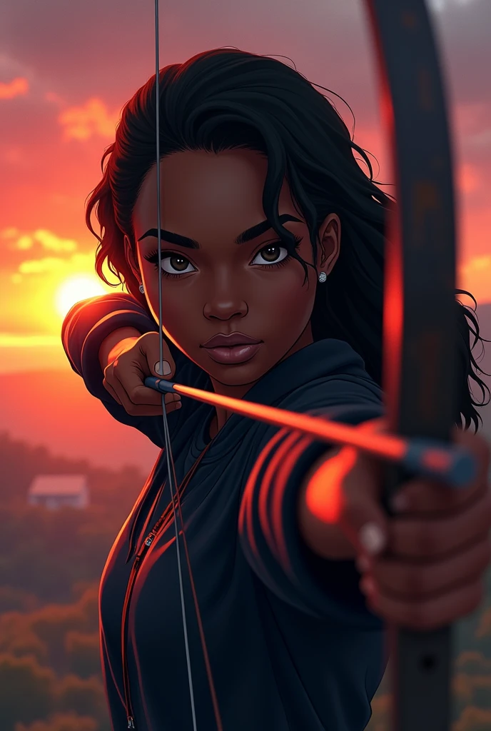1girl closeup, 19 ans, dark skin, black girl, black eyes, sunset, lofi ambience, black sweatshirt, pointing bow and arrow at monster villain