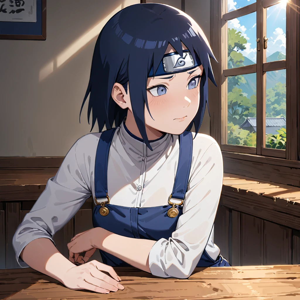 1girl, Hinata Hyuga, Naruto, main character, thoughtful expression, white shirt, blue denim overalls, gold buttons, wooden table, window, sunlight, masterpiece, best quality, very aesthetic, absurdres, ((medium quality)), ((medium quality))