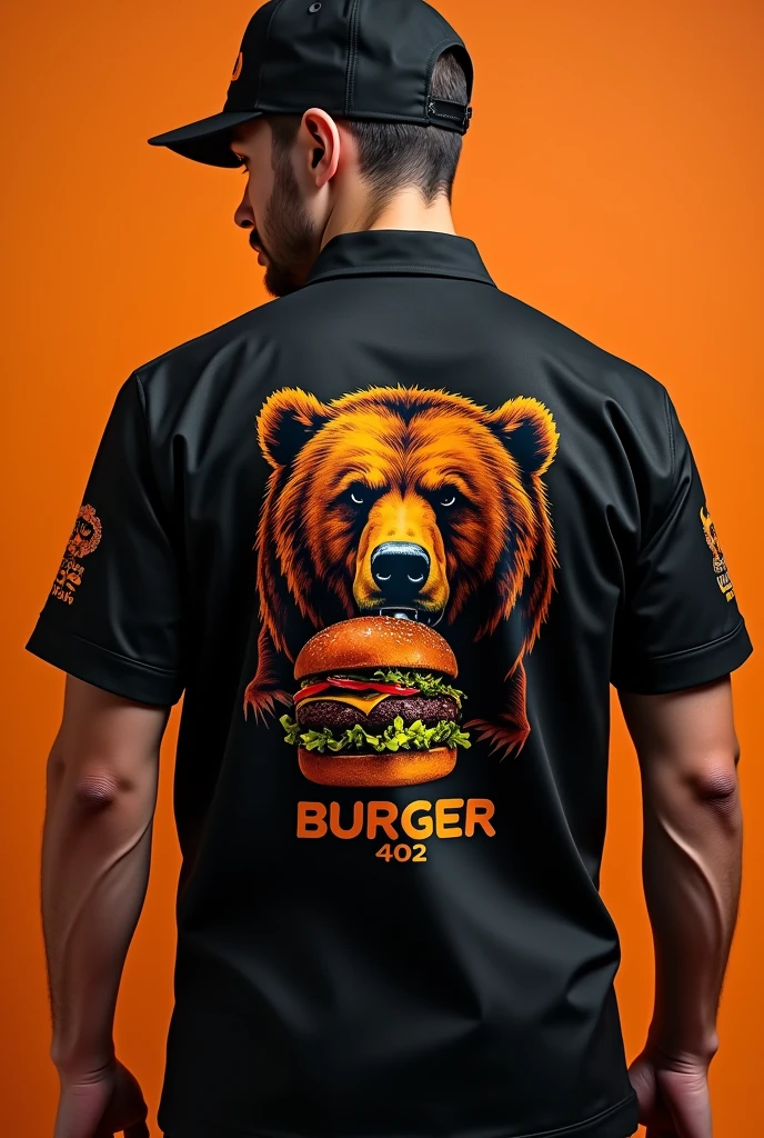 Design a uniform for my burger restaurant called 402 BURGER in black and orange, with a bear printed on the back of the shirt biting into a burger